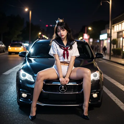 sfw, (closeup from crotch to face) extremelydetailed (schoolgirl lean against the car) spread knees up, perfect face, brilliant(...