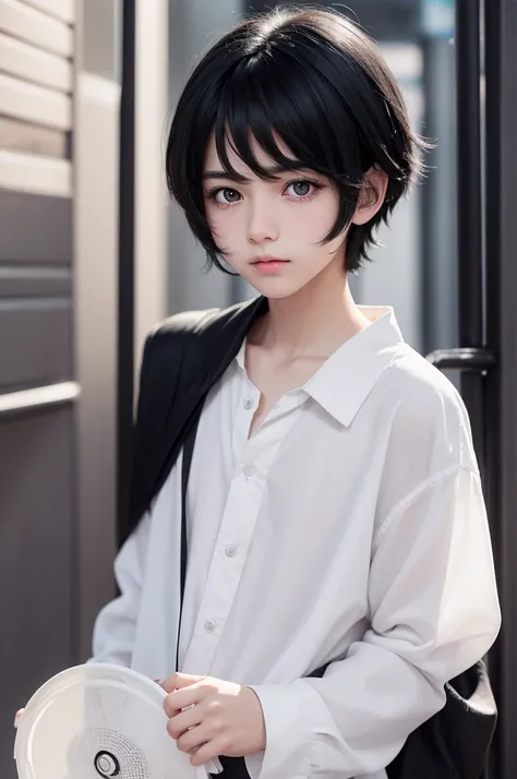 A cute boy with black hair, black eyes with a circular, white pupil, wears a black blouse with an anime hoop