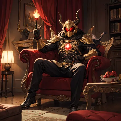 Golden Slime, helmet with horns, red glowing, indoors, living room, crimson room, day
