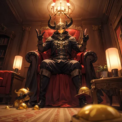 golden slime, helmet with horns, red glowing, indoors, living room, crimson room, day