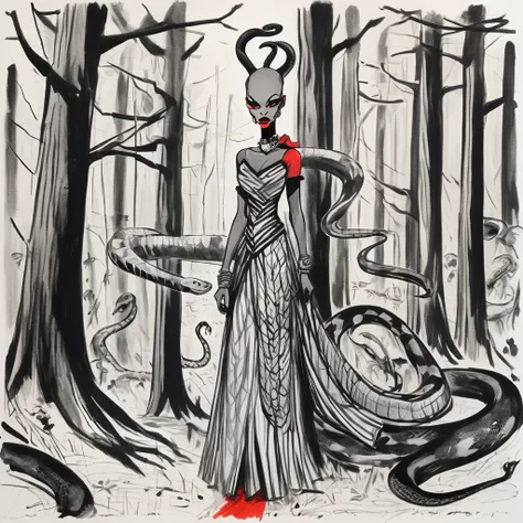 an expressive unfinished sketch featuring a hairless figure in a maxi dress. the figure has snakes on their head with accurate s...