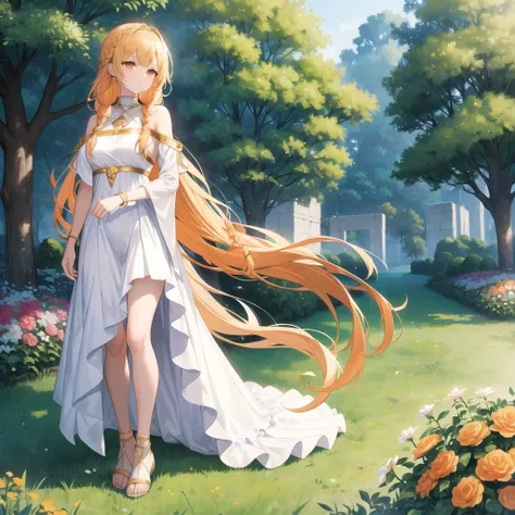 1 tall girl, long orange braided hair, silver eyes, wearing gold wrist and neck accessories, wearing pure white night gown, brown sandals with straps on legs, standing in the middle of garden full of flowers, high res, ultrasharp, 8k, masterpiece