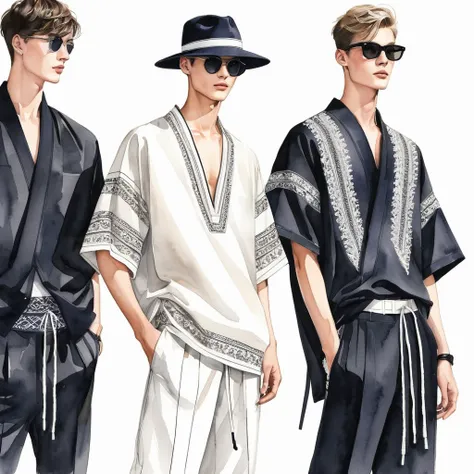 candid fashion illustration of young 3man , aged 23 year old, tall and slender, male super model, ((showcase fashion in a trible...