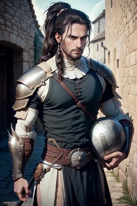 30 year old man, ponytail hair, greeneyes, serious expression, muscled body, trajes de gladiador, holding an epée, medieval vill...