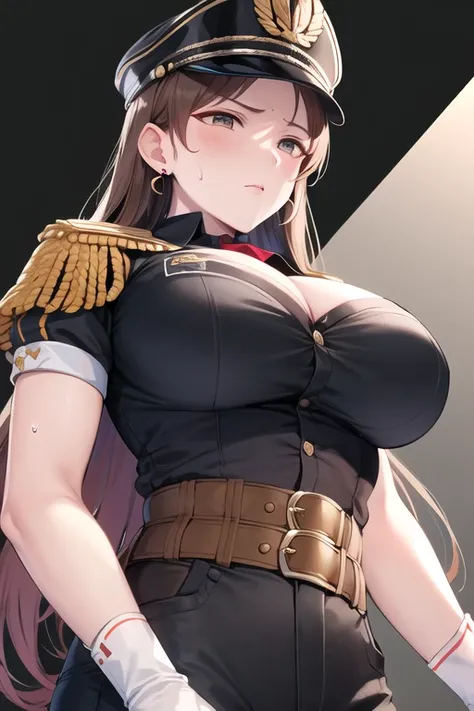 masterpiece, best quality, highres, aanitta, (very long hair), (black peaked cap), earrings, big breasts, cleavage, muscular body, military uniform, epaulettes, badges, (black shirt:1.2), (gold trim), (bulletproof vest), (red ascot), black sleeves, long sl...