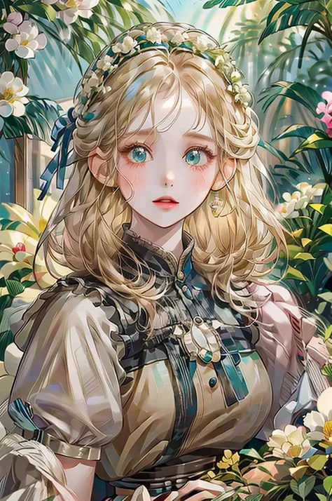 girl、Background is white、Hair color is beige、Eye color is blue、Illustrated、Country Style、wearing a flower crown、Realistic、Staring at me、Clothes with short sleeves、Has bangs