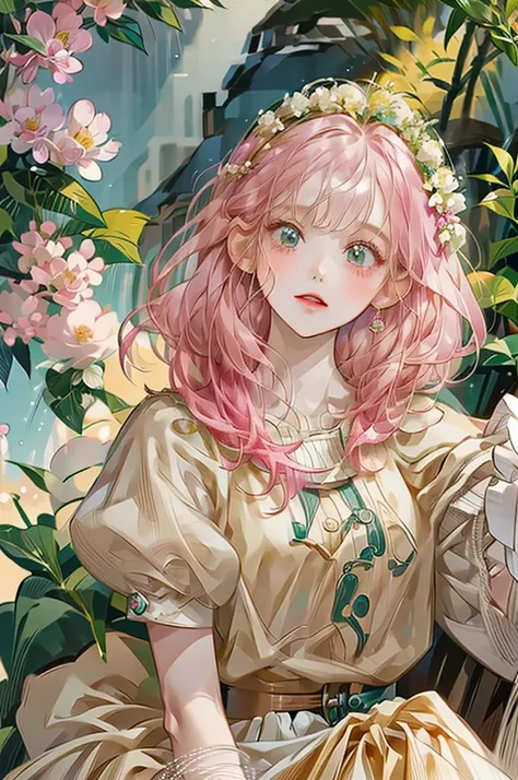 girl、Background is white、Her hair color is pink.、Illustrated、wearing a flower crown、Realistic、Clothes with short sleeves、Has bangs