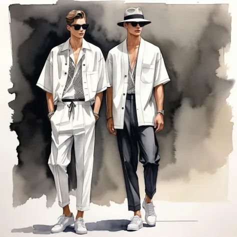 candid fashion illustration of young 3man , aged 23 year old, tall and slender, male super model, ((showcase fashion in a trible...