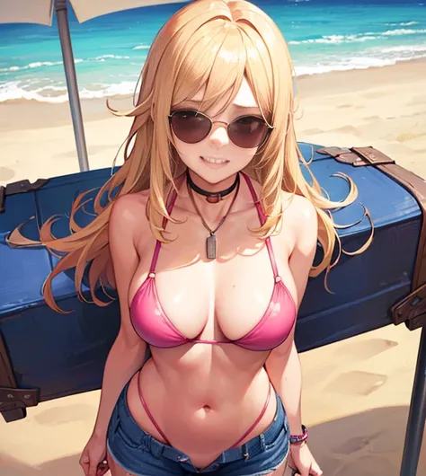 Woman, unbuttoned unzipped jean shorts, pink bikini top, sunglass, boardwalk by beach, carrying six pack of cola, smirking, long blonde hair past the butt, blonde bombshell babe, 44 J cup, wide hips,