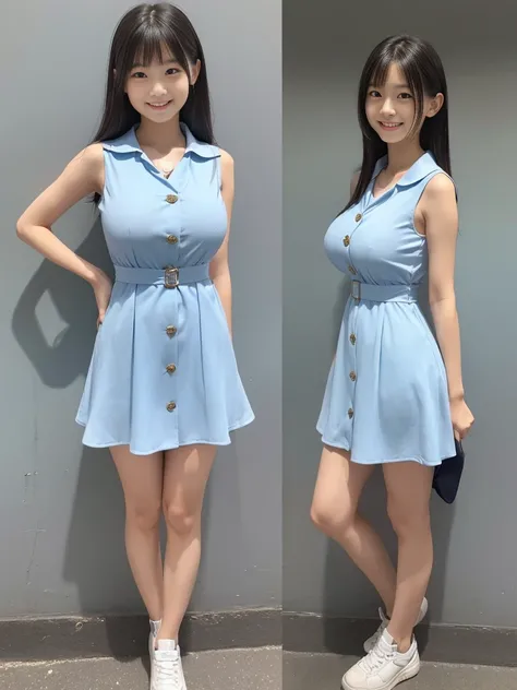 Japanese women, (Underweight), (Highest quality:1.5), (Bright smile:1.3),(Big Breasts:1.3)
, fun, walk, Long Hair, (A light blue, sleeveless, tight-fitting dress with buttons on the collar and chest.), Bright atmosphere, Full Body Shot、No background、(Erect...