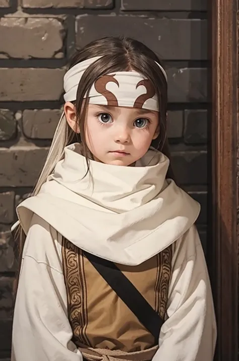 small child long hair standing  cowl  headband on forehead small room guarding protecting standing next to wall watching area no emotions sword on her back