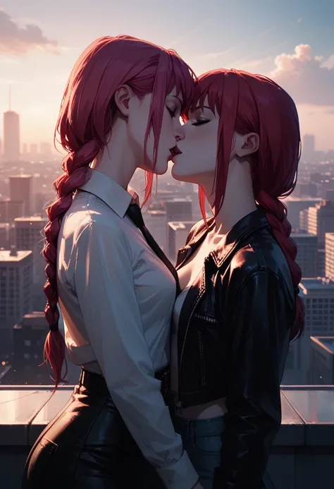 score_9, score_8_up, score_7_up, score_6_up, 2girls, makima and jinx, yuri, girlfriends, lovers, kissing, city rooftop, night, cinematic lighting. Absolute perfection