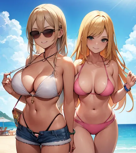 Woman, unbuttoned unzipped Daisy dukes, pink bikini top, sunglass, boardwalk by beach, carrying six pack of cola, smirking, long blonde hair past the butt, blonde bombshell babe, 44 J cup, wide hips,