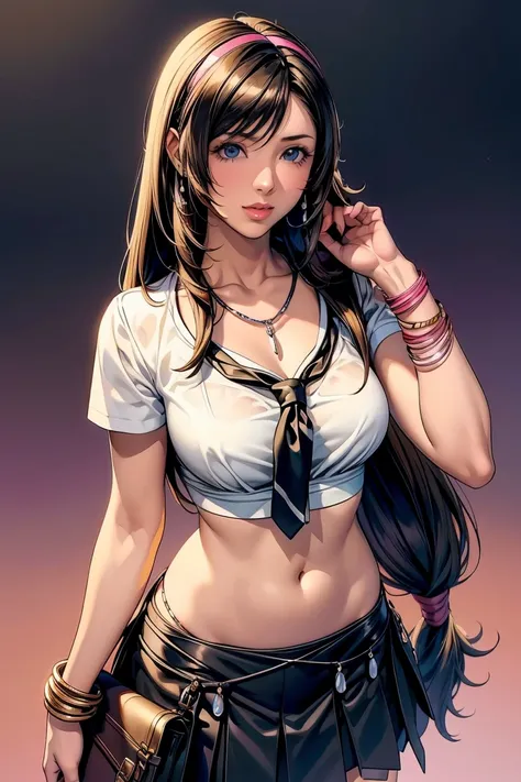 masterpiece, Highest quality, Maya Kumashiro, Tifa, alone, chest, chestの谷間, Long Hair, White headband, Parted bangs, blue eyes, View your viewers, Sweat, large chest, Collared shirt, tie shirt, Pleated skirt, flashyな修正, Happy, flashy,Too many accessories, ...