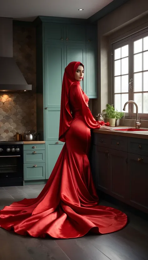 An alluring woman shrouded in a 4-meter-long, plush red satin cloth, tightly bound and grandly draping along the form of her body, flowing off into a pooled floor-length train, styled in a mermaid-inspired outfit, her head modestly veiled in a satin hijab,...