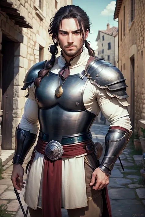 30 year old man, ponytail hair, greeneyes, serious expression, muscled body, trajes de gladiador, holding an epée, medieval village.