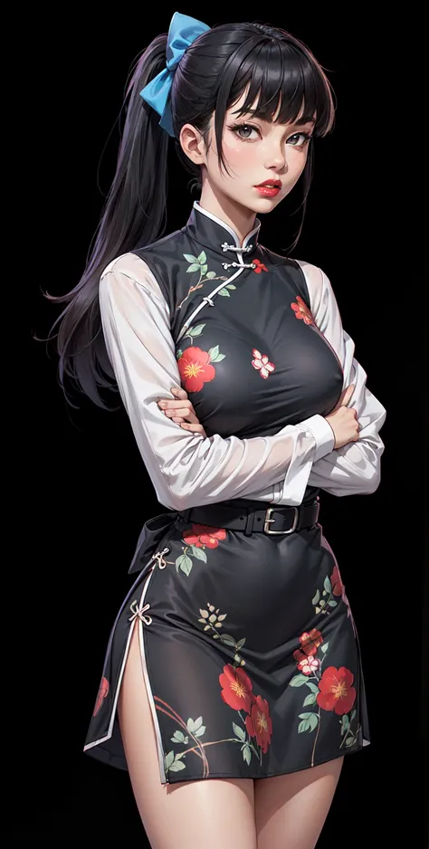 Masterpiece, top-quality, the best quality,1girl, solo, crossed arms, dress, white background, black hair, long hair, looking at viewer, simple background, chinese clothes, long sleeves, breasts, china dress, hair bow, cowboy shot, bow, red lips, side pony...