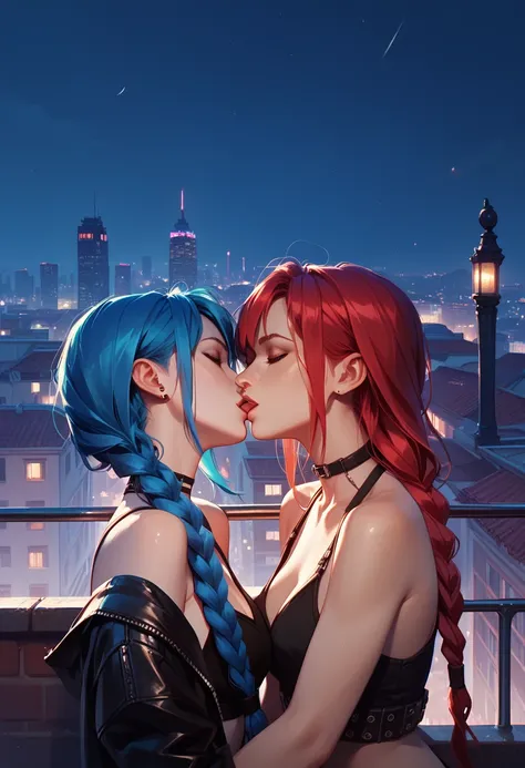 score_9, score_8_up, score_7_up, score_6_up, 2girls, makima and jinx, yuri, girlfriends, lovers, kissing, city rooftop, night, cinematic lighting.