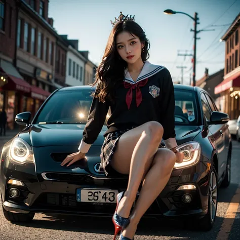 sfw, (closeup from crotch to face) extremelydetailed (schoolgirl lean against the car) spread knees up, perfect face, brilliant(...