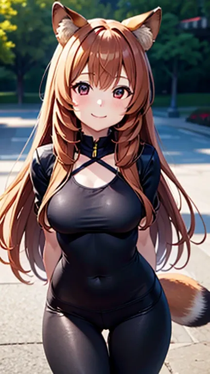 masterpiece、ultra precision、anime illustration style、solo、raphtalia、smile、1 girl、raccoon ears,   leggings, black leggings