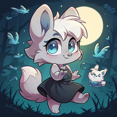 little fox, female, white hair, silver fur, blue eyes, cute kid, , alone, kid , white hair, cute, chibi, black dress, night forest, by diives