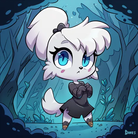 little fox, female, white hair, silver fur, blue eyes, cute kid, , alone, kid , white hair, cute, chibi, black dress, night forest, by diives