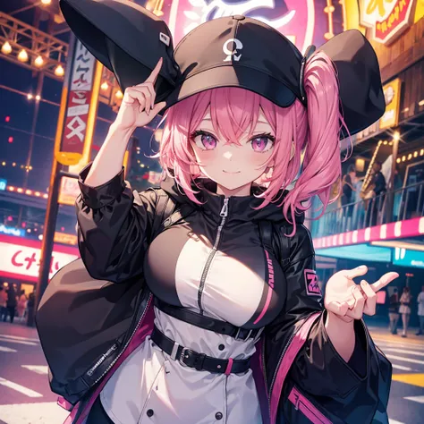 One woman,Best Influencers((Wearing a black cap,Holding the brim of her hat with her hands, she has big breasts)) background(amusement park,Ferris wheel) Super smile,Smiling with teeth showing,V sign close-up pink hair,Side ponytail Pink eyes,Shiny hoodie,...