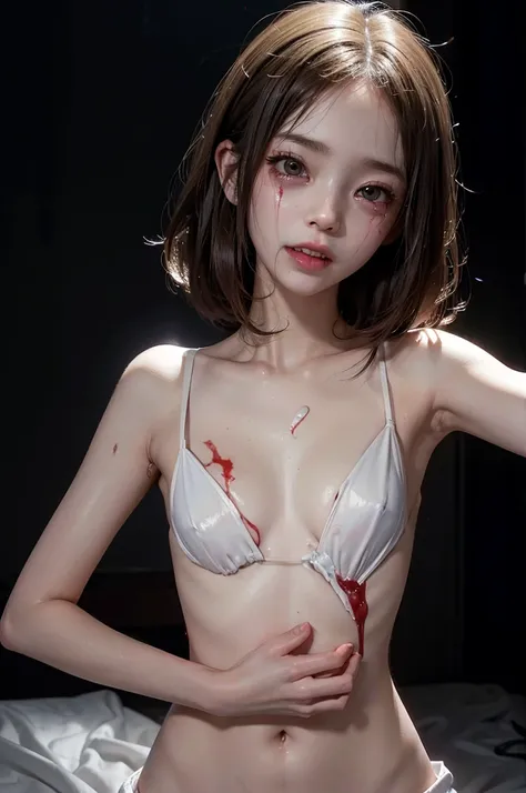 Highest quality, masterpiece, look up, cute,(Horror),(((少女の美しいzombie))),(zombie),(This girl is dead),Trying to bite,(((Bleeding,Injured))),(((Shedding tears of blood))),((口からBleeding)),((Covered in blood)),(A body covered in wounds),((zombieに身体中を噛みつかれた)),(...