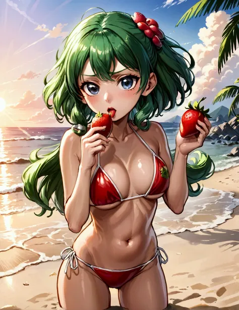 One Punch Man Tatsumaki (hyper realistic, age 17, big eyes, sexy 2 piece bikini) looking disappointed at viewer, holding one strawberry. beach, japan
