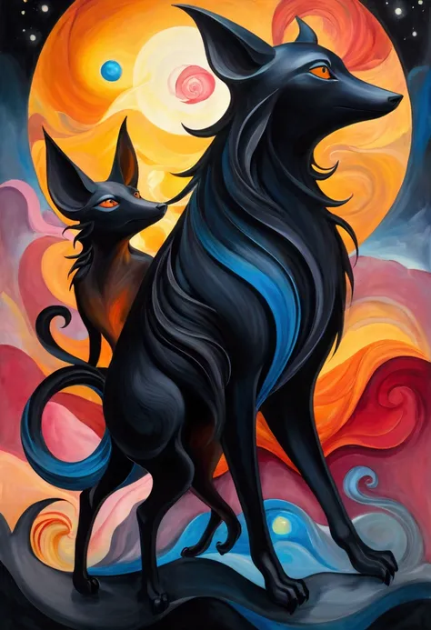 ((Inspired by André Masson )), Fusion of oil painting and watercolor, An artwork depicting several black creatures, Cool, Lovely, Total darkness, A ray of light, And various shades and gradients, Orange cloud, Shining fluorescent feeling，transparency，Textu...