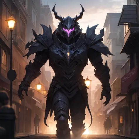 monster, armor, helmet with horns, purple light glowing, outdoors, village, walking