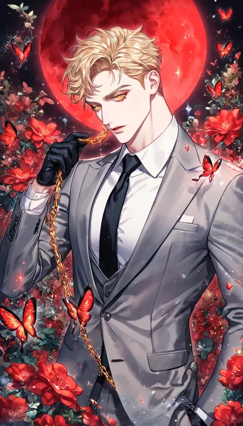 (absurdres, highres, ultra detailed, HDR) master piece, best quality, Sung Hyunjae, ash-blonde hair, expressive yellow eyes, blonde eyelashes, The S-Classes That I Raised, solo, a sexy man holding a golden chain, handsome, sensual, gray suit, black necktie...