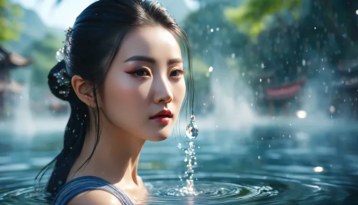 Spectacular water bending shots, in front, Award-winning photo, wuxia, Beautiful Chinese Woman，Focus on the face, Photorealistic eye style, Bokeh，Surrealistic illustration style, Super detailed, Cinematic Screenshots Unreal Engine, Zbrush3DアートVray，Glow Par...