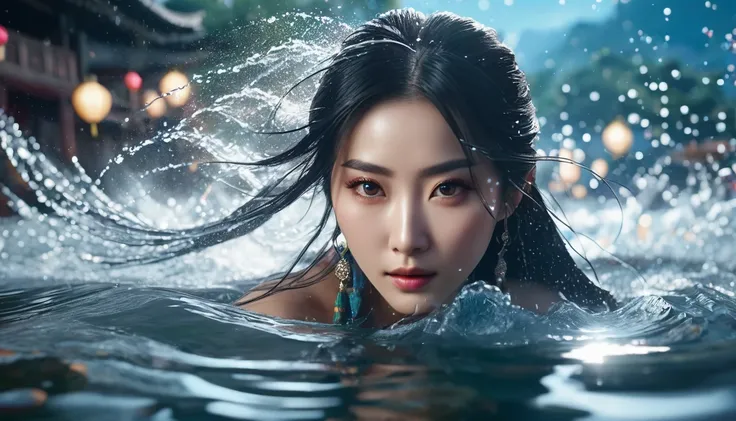 Spectacular water bending shots, in front, Award-winning photo, wuxia, Beautiful Chinese Woman，Focus on the face, Photorealistic eye style, Bokeh，Surrealistic illustration style, Super detailed, Cinematic Screenshots Unreal Engine, Zbrush3DアートVray，Glow Par...