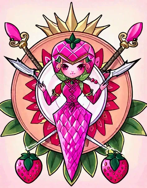 A Strawberry Knight (female, strawberry like face, strawberry themed and decorated plate mail (electric pink tint), strawberry decorated sword) standing at attention by the pineapple king, fruit salad city medieval themed
