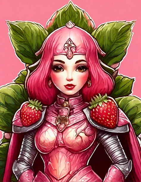 A Strawberry Knight (female, strawberry like face, strawberry themed and decorated plate mail (electric pink tint), strawberry decorated sword) standing at attention by the pineapple king, fruit salad city medieval themed
