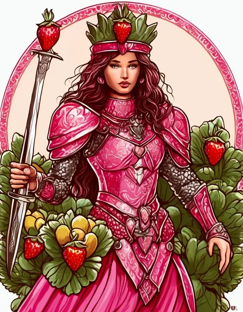 A Strawberry Knight (female, strawberry like face, strawberry themed and decorated plate mail (electric pink tint), strawberry decorated sword) standing at attention by the pineapple king, fruit salad city medieval themed
