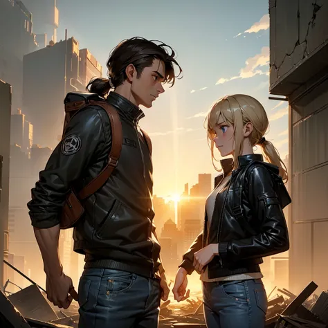 A 30-year-old man, tall and athletic, with short dark brown hair and gray eyes, wears a worn dark leather jacket, a gray shirt, and tactical pants. He stands protectively with an arm around a 14-year-old girl of slender build, with long blonde hair tied in...