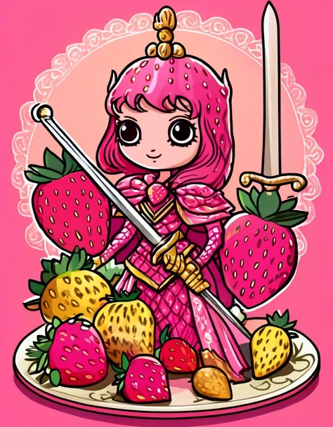 A Strawberry Knight (female, strawberry like face, strawberry themed and decorated plate mail (electric pink tint), strawberry decorated sword) standing at attention by the pineapple king, fruit salad city medieval themed
