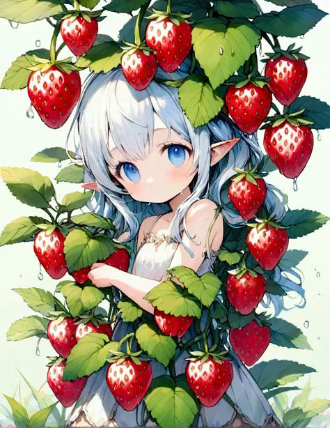 A strawberry plant with a few ripe strawberries and several maturing ones, dew drips off the plant, a silvery fairy dragon with big blue eyes is coiled under the plant looking longingly at ripe ones
