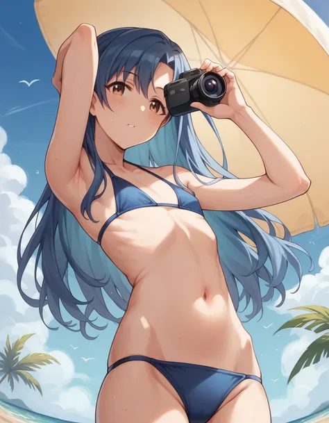 high quality, a beautiful 
woman, "Kisaragi Chihaya" from "The Idolmaster", summer,beach, small bikini swimwear, blue hair, long hair, small flat chest, slim waist, looking at camera, beautiful navel ,Pose like a gravure model,  shoot from below,