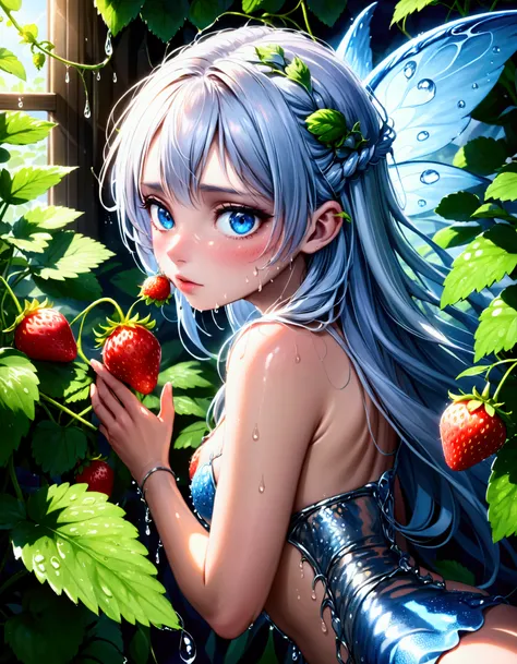 A strawberry plant with a few ripe strawberries and several maturing ones, dew drips off the plant, a silvery fairy dragon with big blue eyes is coiled under the plant looking longingly at ripe ones