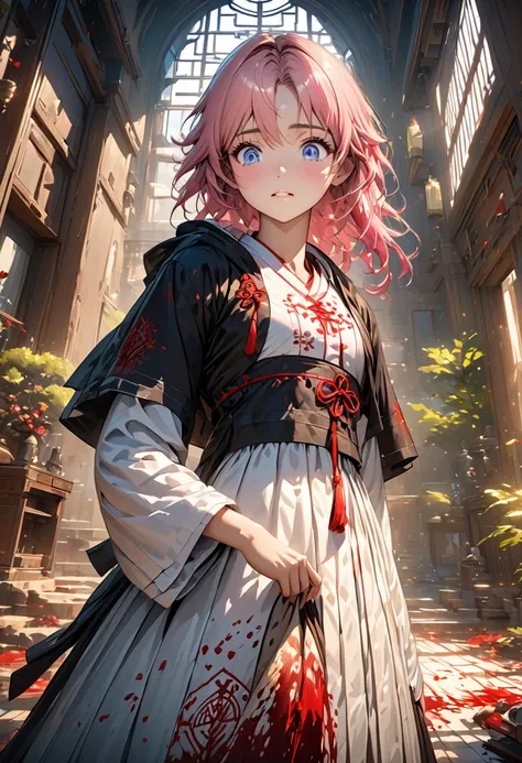 (finely detailed beautiful eyes and detailed face,masterpiece sidelighting,masterpiece,Best Quality,detailed,high resolution illustration),, (1 girl,whole body,bishoujo,shiny skin,looking down,looking at the viewer),, (pink hair,blue eyes,Love,Hanboks, Kor...