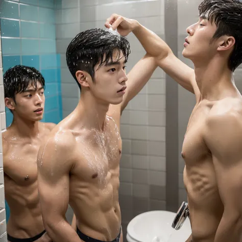 Several men resembling Cha Eun-woo are washing in a clearly visible shower room., large shower room, 5 men, nudity, hairy, korean, high school student, the most handsome, Slender muscles, big eyes, face without beard, good quality, smooth skin, all naked, ...