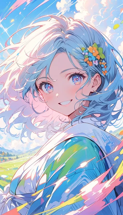 anime style, Ultra-fine illustrations, highly detailed, Dynamic Angle, beautiful detailed, 8k,  various programs are being broadcasted. A woman stares at them, 壊す smiling amidst the colorful scenes.(Highest quality、masterpiece、High resolution、detailed)anim...