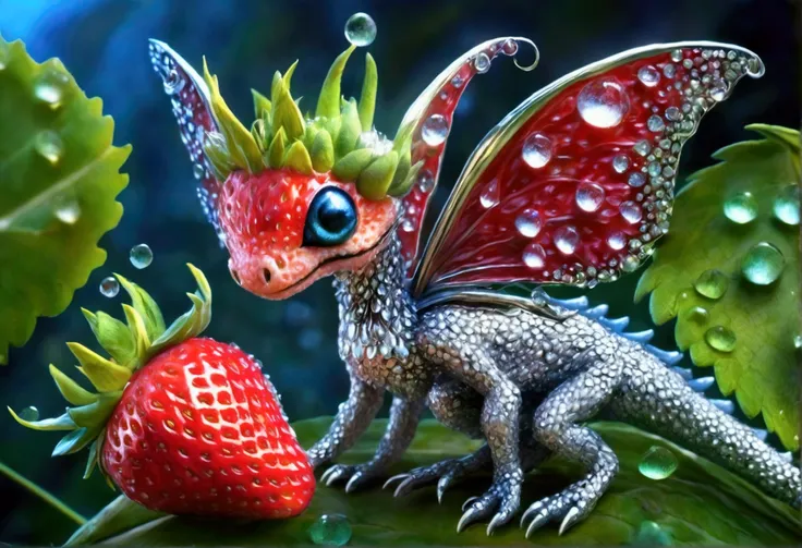 a ripe strawberry plant with dew drops, a silvery fairy dragon with big blue eyes coiled under the plant, detailed, ultra-realistic, 8k, photorealistic, masterpiece, beautiful vibrant colors, intricate details, soft lighting, lush foliage, delicate petals,...