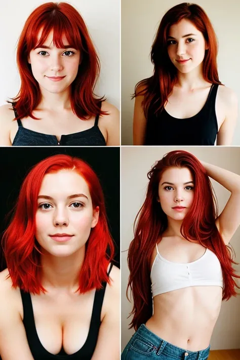 Create 10 photos of a red hair girl in different positions