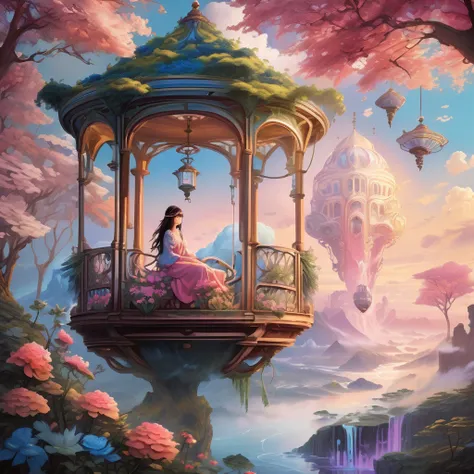 Create a mesmerizing scene where a woman is rests from a rope of ornate, lush, detailed flowers, delicately suspended with ornate ropes of extremely detailed flowers. The woman is in a mythic realm of dreams. Include floating islands and intricate watercol...