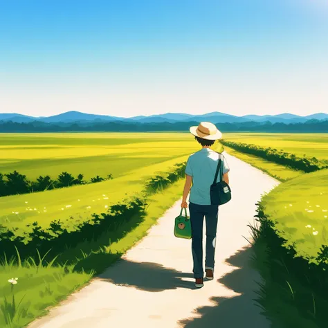 man walking in lush green field carrying a bag of goodies above his head, outdoors, scenery, hat, solo, 1boy