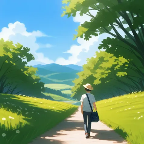 man walking in lush green field carrying a bag of goodies above his head, outdoors, scenery, hat, solo, 1boy